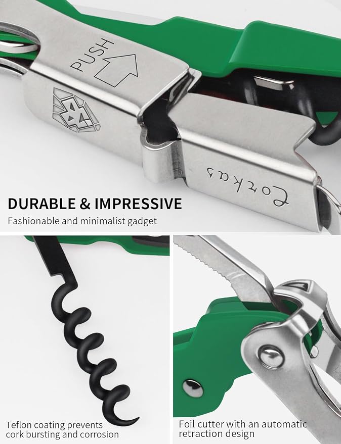 CORKAS Wine Key - Professional Handcrafted Heavy Duty Waiter Corkscrew, Compact Wine Opener with Double Hinged, Foil Cutter and Bottle Opener, Gifts for Servers, Sommelier, Bartenders - Dark Green