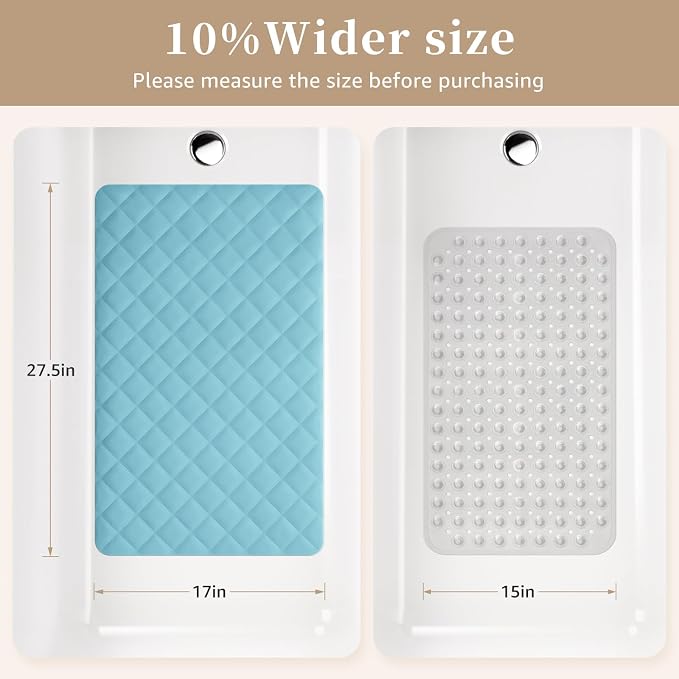 Yolife Bathtub Shower Mat Non Slip, Natural Rubber Bath Tub Floor Liner Mats with Strong Suction Cups for Inside Shower Bathroom, Machine Washable, Soft on Feet, 27.5 x 17 Inch, Blue