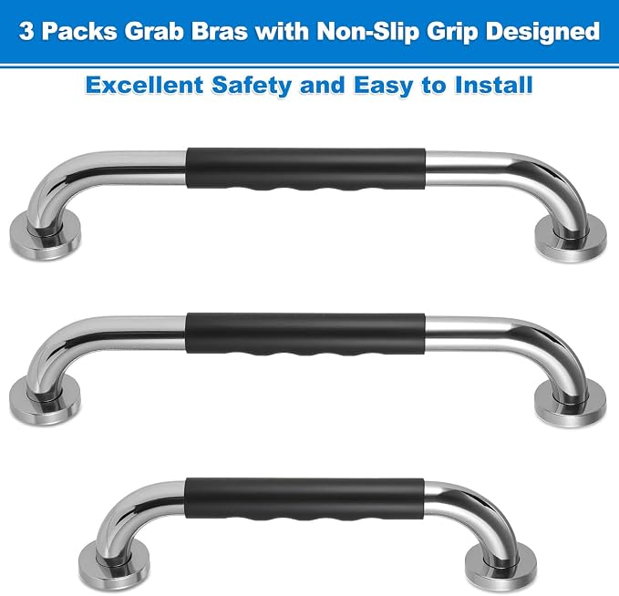 3 Pack Grab Bars for Bathtubs and Showers, 16-Inch and 12-Inch Anti-Slip Bathroom Shower Grab Bars for Seniors Wall, Safety Handicap Grab Bars Stainless Steel,Shower Handle for Elderly