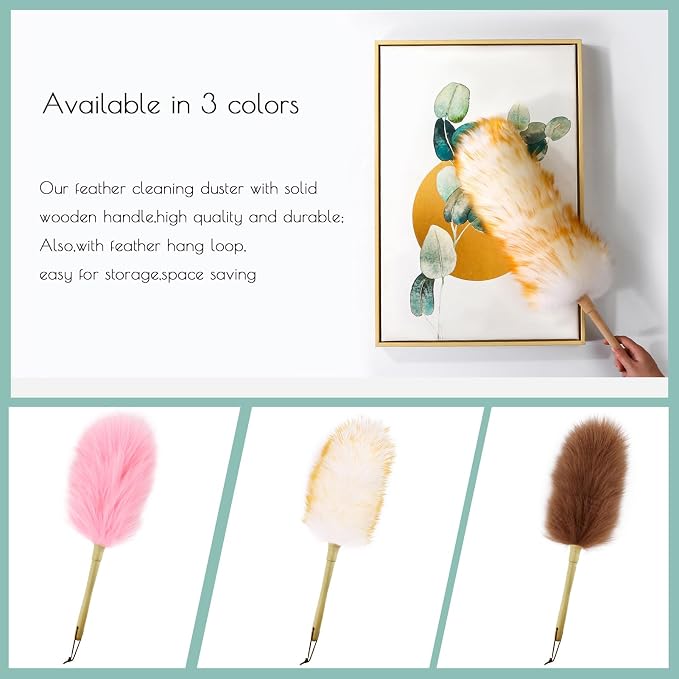 Lambswool Duster 14'' Length Solid Wooden Handle Leather Hang Strap for Cleaning Ceiling Fans Window Blinds Computer Furniture Figurines TV Natural Feather Duster,Yellow+White