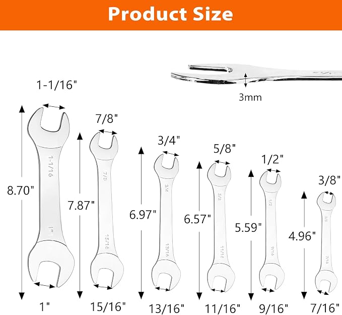 Super-Thin Open End Wrench Set, 3mm Ultra Thin Open End Wrenches Kit SAE 3/8x7/16", 1/2x9-16", 5/8x11/16", 3/4"x13/16", 7/8"x15/16", 1"x1-1/16" Chrome Vanadium Steel Wrench for Tight Spots Repair
