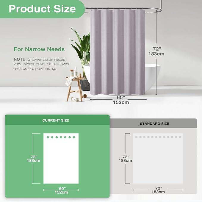 Dynamene Stall Shower Curtain - 60 inch Waffle Weave Heavy Duty Thick Fabric Shower Curtains for Bathroom, Weighted Hotel Spa Luxury Cloth Bath Curtain Set with 10 Plastic Hooks, 60x72, Lavender