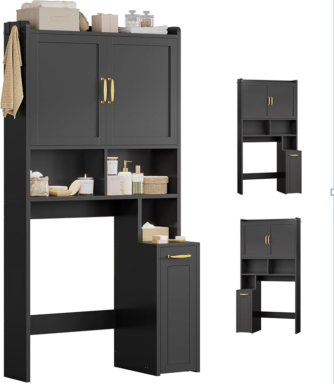 UPOSOJA Over The Toilet Storage Cabinet with Pulley Bathroom Storage Cabinet, Space Saver W/Adjustable Shelf & Open Shelf for Bathroom, Restroom, Laundry (Black)