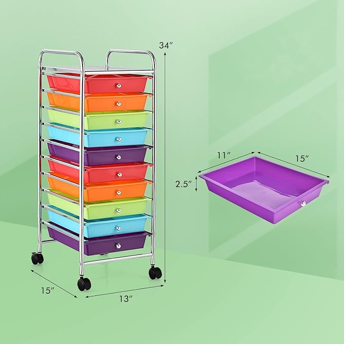 10-Drawer Rolling Storage Cart, Trolley w/Lockable 360° Wheels, 10 Removable PP Drawers, Sturdy Metal Frame, Rolling Utility Cart Perfect for Home, Office, Classroom (Multi-Colored)