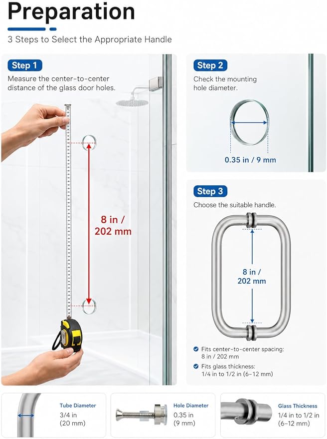 Shower Door Handle, 8 Inch Hole Centers (CTC), 304 Stainless Steel Back-to-Back Glass Door Pull Replacement Hardware for Frameless Sliding Bathroom Doors, Heavy Duty Tubular Grip, Brushed Nickel