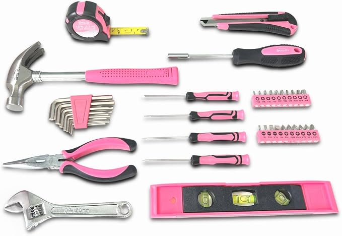 Apollo Tools 39 Piece General Household Tool Set in Toolbox Storage Case with Essential Hand Tools for Everyday Home Repairs, DIY and Crafts - Pink Ribbon - Pink - DT9711P