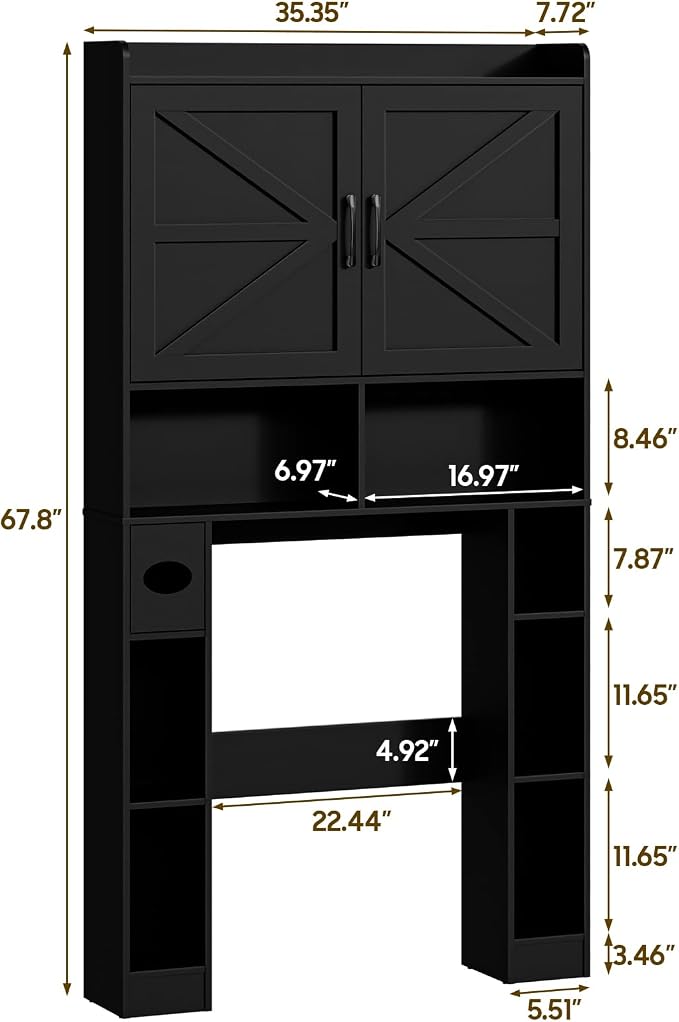 Over The Toilet Storage Cabinet, Farmhouse Toilet Cabinet Rack with Barn Doors, Space Saving Bathroom Organizer with Shelves, Toilet Paper Holder and Towel Rack for Bathroom,Laundry Pure Black