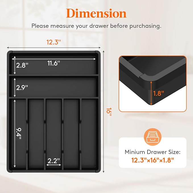 Lifewit Silverware Drawer Organizer Tray, Plastic Cutlery Storage for Kitchen, Flatware and Utensil Holder Divider for Spoons Forks Knives Tableware, 12.3 x 16", 7 Slots, Black