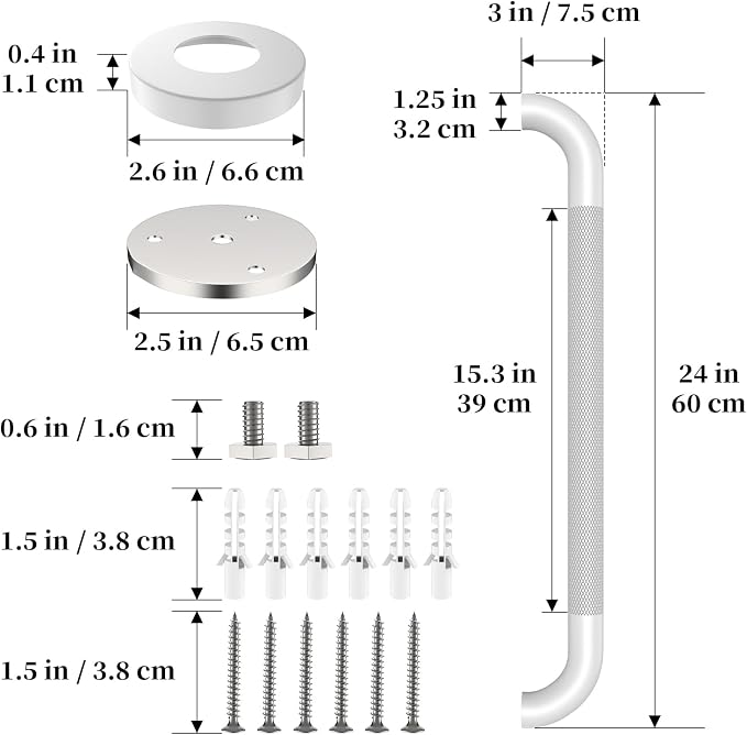 White Grab Bar 24 Inch, iHansee Anti-Slip Bathroom Grab Bar w/Knurled Texture Grip, Stainless Steel Safety Handrail for Toilet Bathtub, Wall Mounted Shower Handle Handicap Bars for Senior Elderly