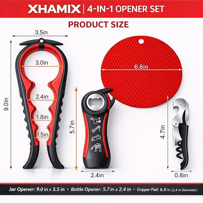 4-in-1 Multi-Function Bottle Opener Set for Jars, Bottles and Wine with Non-Slip Grip (Black + Red)