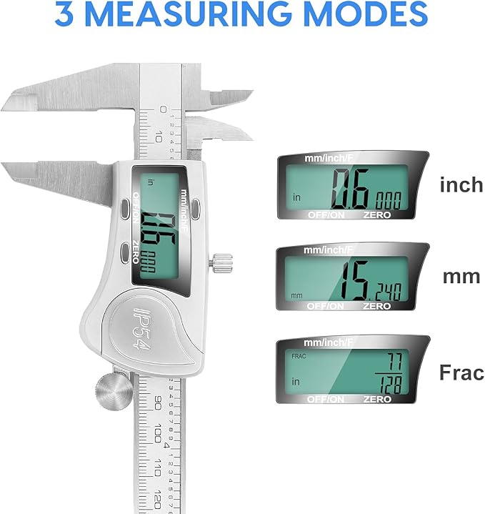 Digital Caliper Measuring Tool, IP54 Waterproof Electronic Micrometer Caliper, Stainlee Steel Vernier Caliper with Large LCD Screen, Inch Metric Fraction Conversion, 6 Inch for Household/DIY