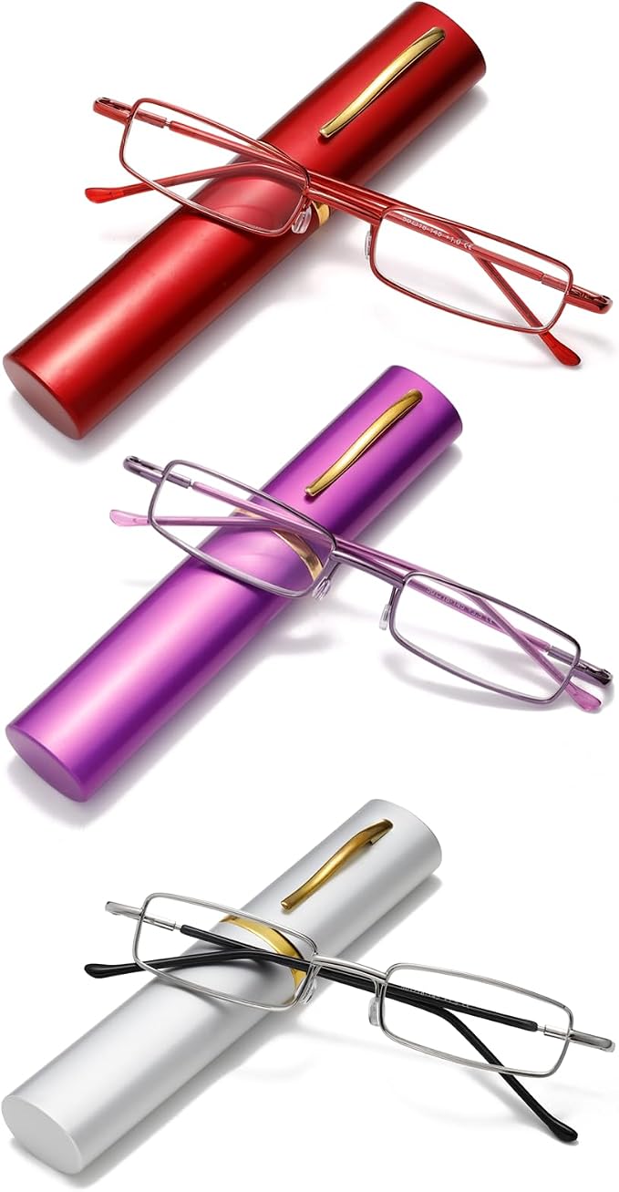 Viseng Slim Mini Metal Reading Glasses Compact Lightweight Portable Readers with Glasses Case for Reading Case +3.5 Purple/Red/Silver