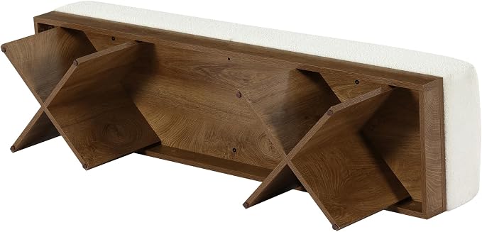LITTLE TREE 55" Entryway Bench with Faux Lamb Wool, Upholstered Bench with X-Legs, for Living Room, Bedroom, or Foyer (White & Light Walnut)