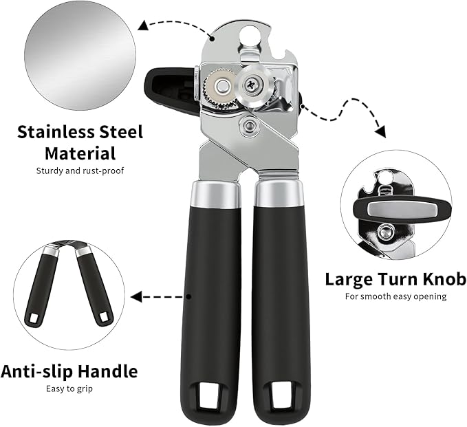 Can Opener Manual, Hand Heavy Duty Stainless Steel Bottle Opener Comfortable Handle, Sharp Blade Smooth Edge, Multifunctional Kitchen Tool, Black