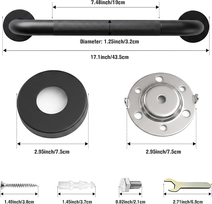 16 Inch Black Grab Bars for Shower 2 Pack,1.25'' Diameter Heavy Duty Stainless Steel Anti-Slip Bathroom Safety Handicap Grab Bar for Shower, Bathtub & Toilet, Wall Mounted, Supports 500lbs