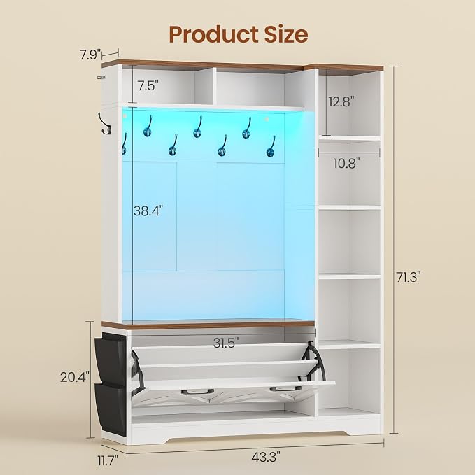 Itaar Hall Tree with Bench and Shoe Storage, Farmhouse Entryway Bench with Coat Rack, Shoe Cabinet with Flip Drawers, 7 Shelves, 10 Coat Hooks, Storage Bag, Led Lights, White