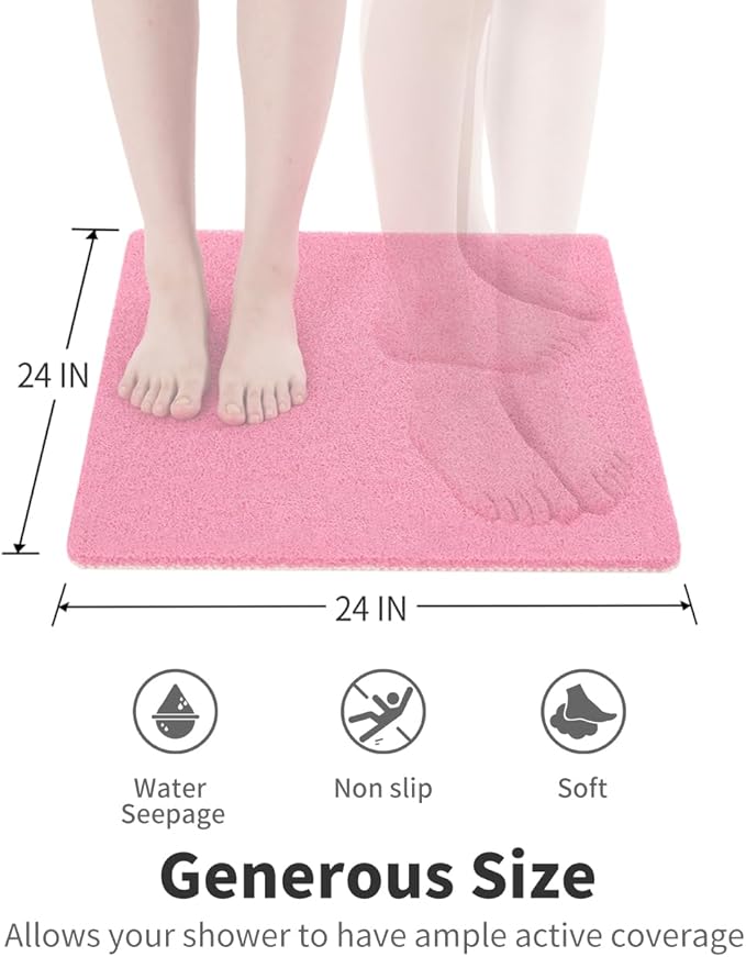 Non Slip Shower Mat, Comfortable Bath mat for Textured Surface,Quick Drying Easy Cleaning Shower Floor Mat for Wet Area,Without Suction Cups Pink 24 x 24