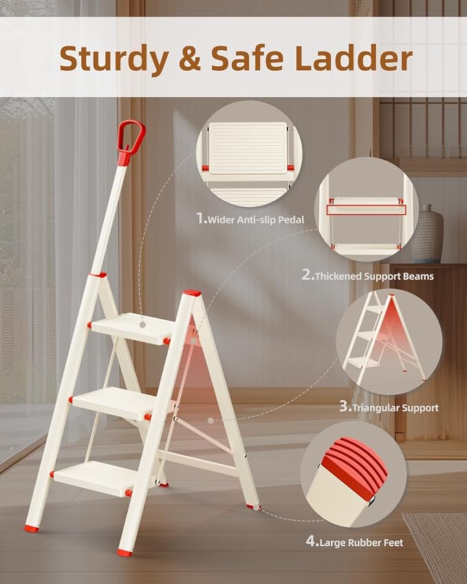 ASPERALD 3 Step Ladder with handrails,Foldable Step Stool with Anti-Slip Wide Pedals for Home Kitchen Closet,3 Step Ladder Folding Step Stool Long Handle Beige