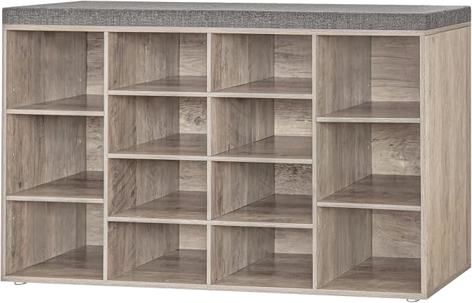 DINZI LVJ Shoe Storage Bench with Cushion, 14-Cubby Shoe Rack, Adjustable Shelves, Multifunctional Shoe Organizer Bench for Entryway, Mudroom, Hallway, Living Room, Bedroom and Garage, Greige