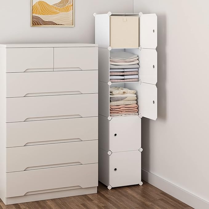 MAGINELS 5 Cube Storage Cabinet, Narrow Clothes Storage with Doors,Tall Plastic Standing Organizer Shelves for Small Spaces,Use to Closet,Bedroom,Livingroom,White(11.8x11.8inch)