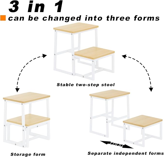 Step Stool for Adults, Holds up to 500Lb, 3 in1 Heavy Duty Sturdy Two Step Stool for Kichen/Bathroom/High beds, Wooden&Metal Frame, Non-Slip Pads