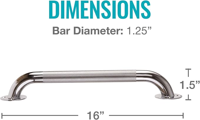 DMI Textured Grab Bars, Handicapped Grab Bars for Bathroom, Shower Rails, Grab Bar for Handicap and Elderly, Perfect for Bathroom Safety, Rust-Resistant Steel, 16", Chrome, FSA & HSA Eligible