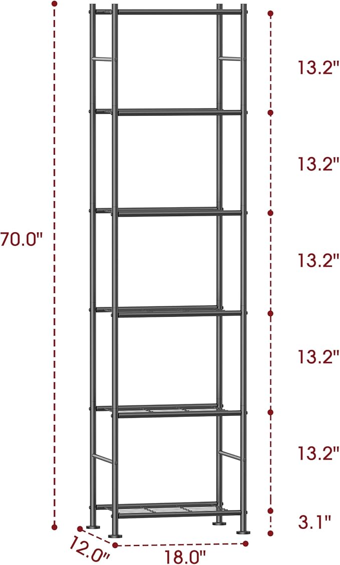 Sakugi Storage Shelves - 6 Tier Shelf Organizer, Sturdy Metal Garage Shelving with Adjustable Leveling Feet, Space-Saving Shelves Organizer for Pantry, Laundry, Kitchen (18" x 12" x 70", Black)