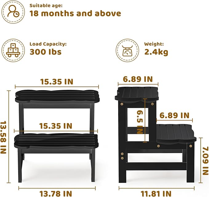 COSYLAND Step Stool for Toddlers - Two Step Stools Toddler 300 lbs Capacity with Safety Non-Slip Design, Natural Step Stool for Bathroom, Kitchen Dual Height Step Stools for Kids Black