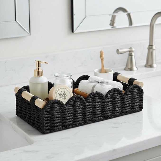 CubesLand Toilet Paper Storage Basket Organizer, Small Wicker Toilet Tank Top Decorative Baskets for Countertop, Handwoven Scalloped Basket w/handle for Home Decor, Living Room, Bedroom, Black