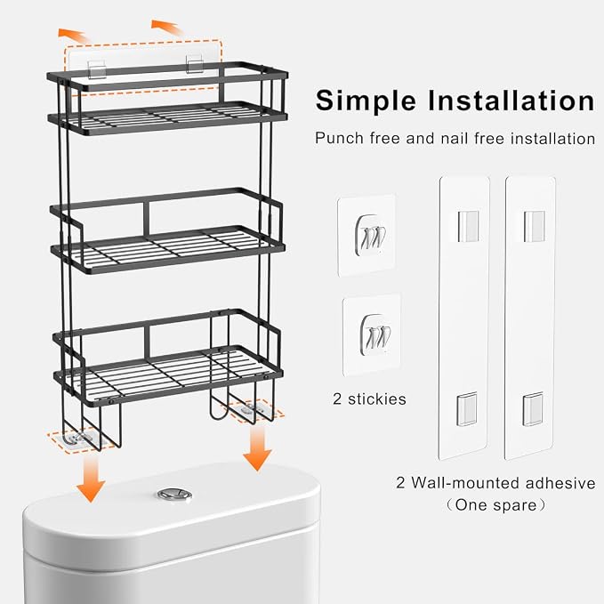 FLOLXNB Over The Toilet Storage Shelf, 3-Tier Bathroom Storage Organizer Upgrade Punch-Free Toliet Storage Shelf, Home Storage Rack with Hooks Shelf,Black