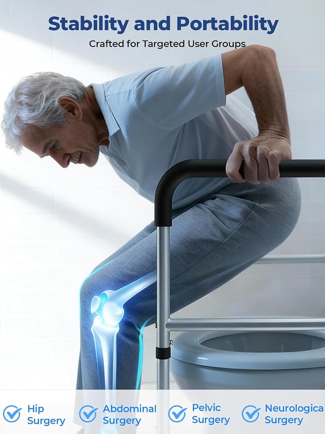 WHLICKS Toilet Safety Rails, Height & Width Adjustable Detachable Toilet Safety Frame for Seniors, Elderly & Disabled, Foldable Handicap Toilet Rails with Handles Storage Bag, Tissue Holder (350LB)