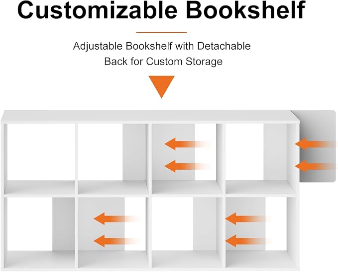Sweetcrispy 8 Cube Storage Organizer - Open Cube Bookshelf with 4 Removable Back Panels, Display Storage Bookcase for Living Room, Bedroom, Entrance Hall, Home Office，47.7" Lx11.6 Wx24 H, White