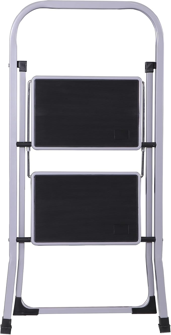 ZENY 2 Step Ladder Folding Step Stool with Wide Anti-Slip Pedal, Convenient Handgrip, Portable Steel Step Stool, 300 lbs Sturdy Steel Ladder for Household and Office, Gray
