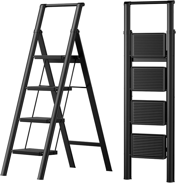 SOLADDER 4 Step Ladder with Handrails, Anti-Slip and Foldable Step Stool with Widen Pedals, Portable Stepladders for Home, Kitchen and Indoor, Space Saving -300lbs (Black)