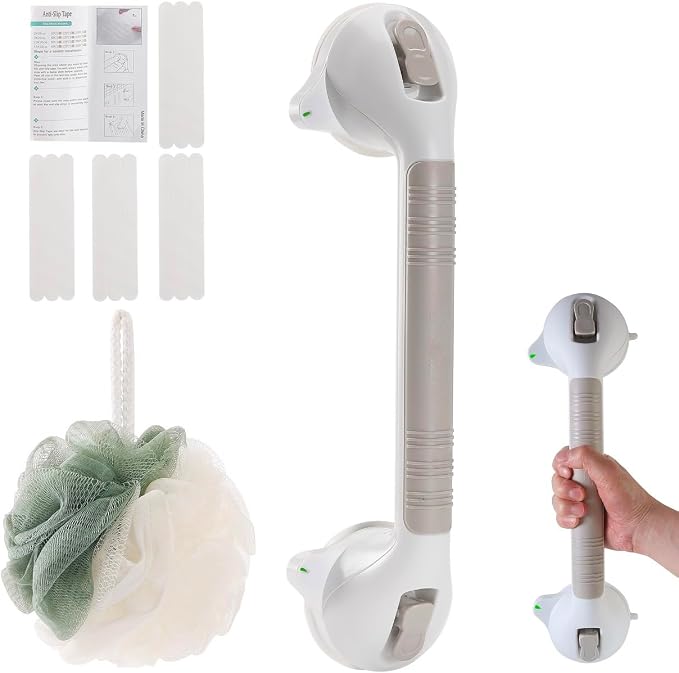 16 Inch Long Suction Grab Bar for Bathroom Indicator Light, Suction Shower Balance Assist Bar Support Rail Helping Handle for Tub Elderly Seniors Handicap Strong Suction Bathtub Grips Non Slip Sticker