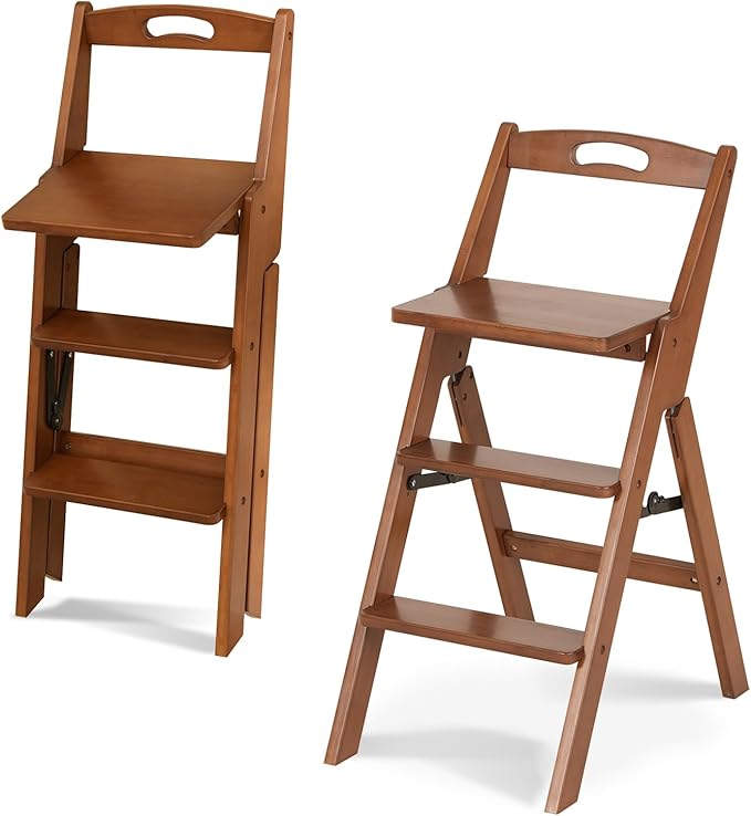 Baveke 3 Step Ladder Folding Step Stool with Handle, Wooden Step Stool Foldable and Kitchen Step Stools for Adults, Closet Stepstool & Collapsible Stool for Kitchen, Home, Indoor（FSC-Certified Bamboo）