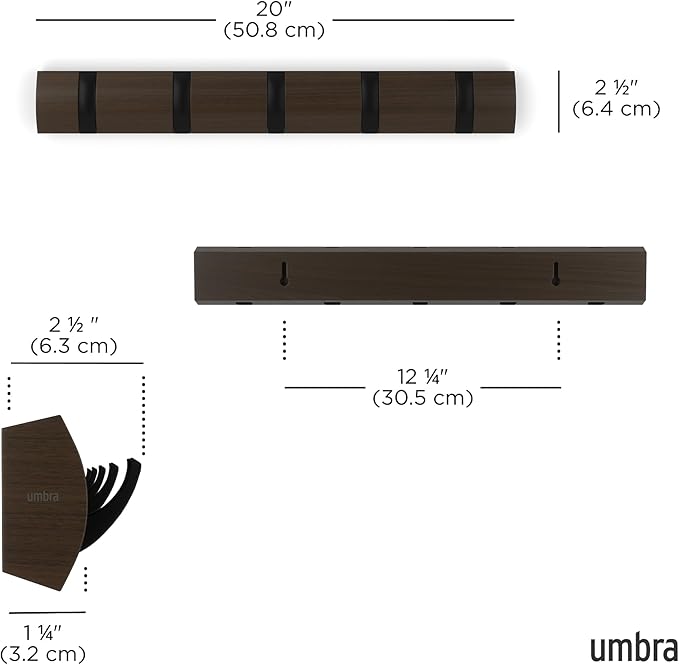 Umbra Flip Wall-Mounted Coat Rack with 5 Hooks – Modern, Space-Saving Storage for Hats, Jackets, Bags, Entryway, Mudroom, Closet, Bathroom, Bedroom – Black/Walnut