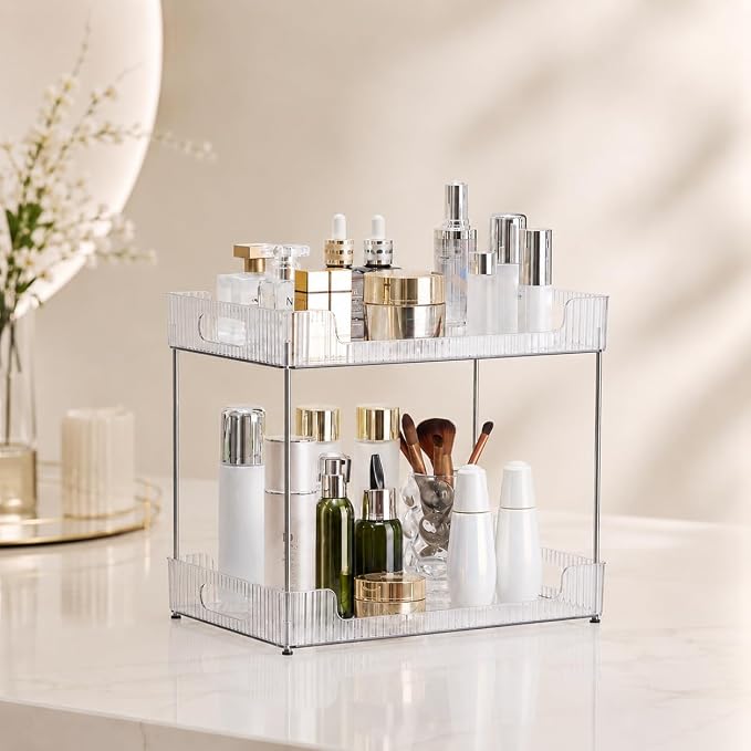 Goderewild 2-Tier Bathroom Counter Organizer, Multi-Purpose Cosmetics Skincare Shelf, Fits A4 Size Makeup Organizer for Office and Vanity Tray, Countertop Storage Solution for Kitchen,Bath.(Clear)