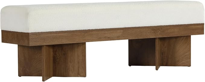 LITTLE TREE 55" Entryway Bench with Faux Lamb Wool, Upholstered Bench with X-Legs, for Living Room, Bedroom, or Foyer (White & Light Walnut)