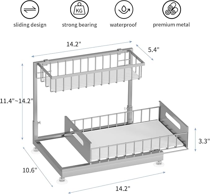 Saydear Under Sink Organizer Storage 2-Tier Premium Metal Pull-Out Kitchen Cabinet Organizer with Sliding Drawer, Height Adjustable, Heavy Duty for Kitchen & Bathroom Organizers 2 Pack Grey