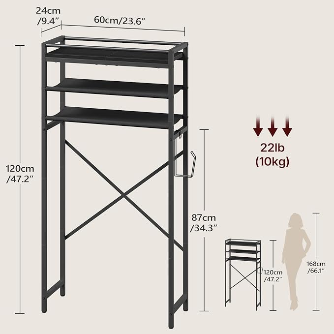 MAHANCRIS Over Toilet Storage, 3-Tier Bathroom Organizer Shelf with Toilet Paper Holder, Freestanding Space Saver Bathroom Shelves Above Toilet for Bathroom, Laundry Room, Black TSBK1201