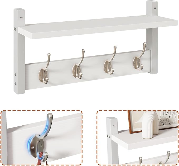 YMYNY Coat Rack Shelf Wall Mounted, Coat Hooks Set of 2, Entryway Coat Hanger with 4 Double Hooks, 31.5" Wall Floating Shelf with Hat Rack, for Kitchen, Bedroom, Bathroom, White UHWS001W-2