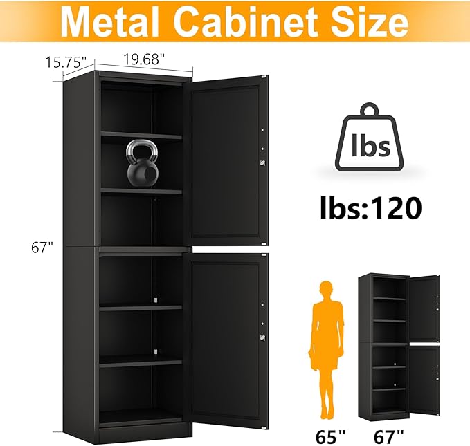 Ckzbx Metal Locker Tall Narrow Storage Cabinet, 67" H Locking Tool File Cabinets Snack Locker Organizer for School Classroom,Bedroom,Gym Home Office,Entryway and Hallway (20" W 2Door Black)
