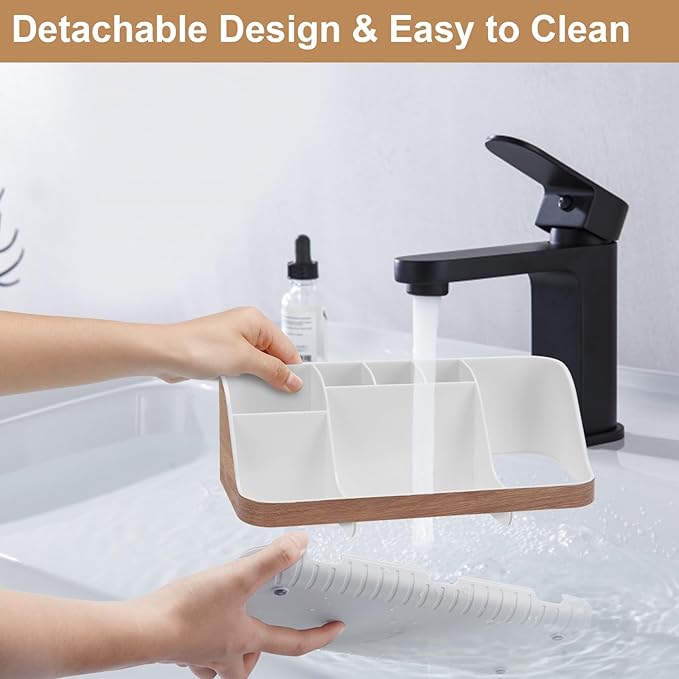 GFWARE Bathroom Countertop Organizer - Detachable 7 Slots Kids Electric Toothbrush and Toothpaste Holde Drainage for Bathroom Accessories Organization Counter Vanity Storage, Woodgrain