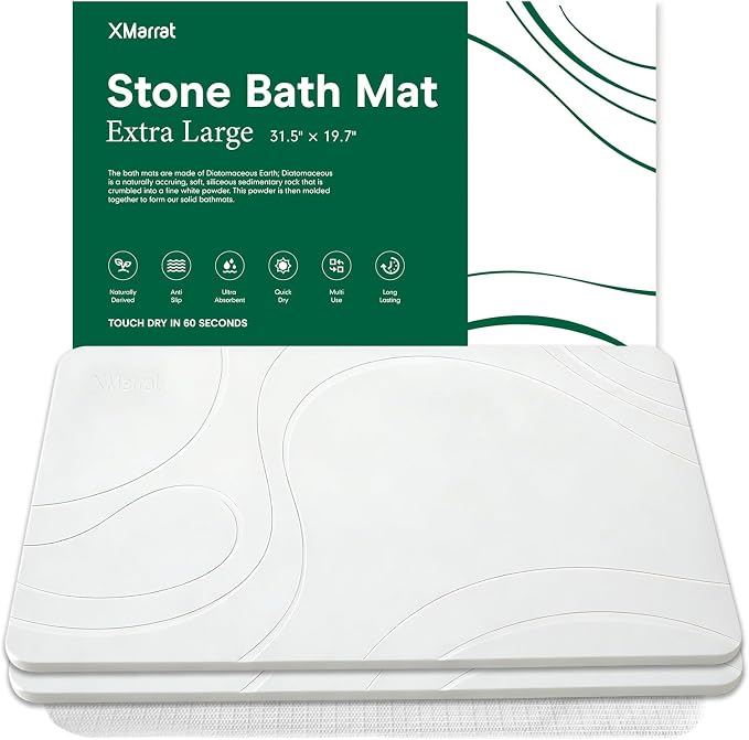 XMarrat Large Stone Bath Mat 2 Pack, 31.5'' x 19.7'' Super Absorbent Diatomaceous Earth Bath Mat Large, Quick Drying Non-Slip Diatomite Stone Bath Mats for Bathroom, Easy to Clean