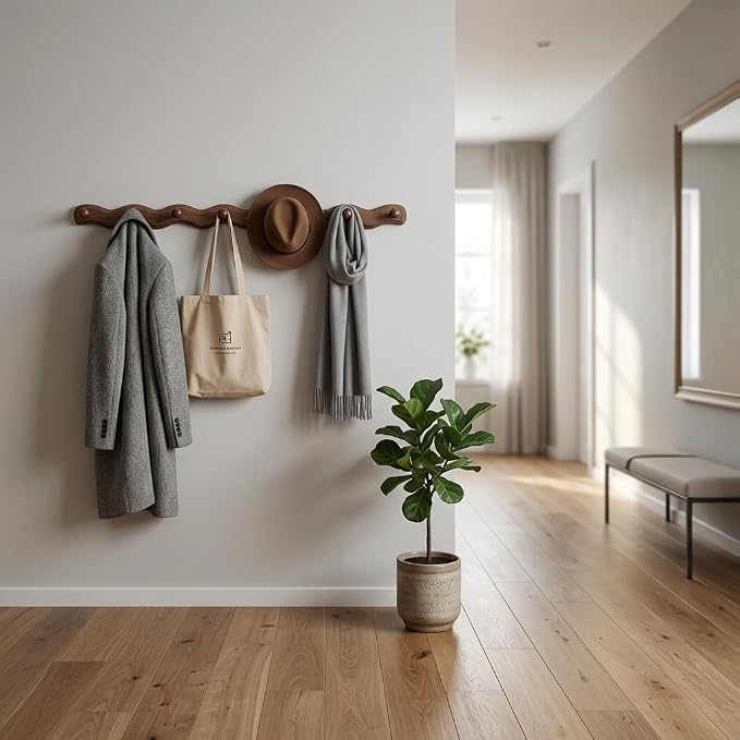 Wood Coat Rack Wall Mount -8 Pack Walnut Coat Hooks for Hanging Clothes,Keys, Robes,Purse,Towels,Bags,Backpack, Modern Decorative Wall hooks Heavy Duty Hanger Organizer for Bathroom,Entryway & Bedroom