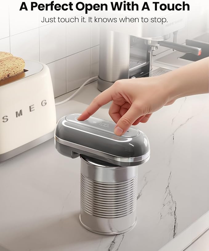Canslab RETRO Electric Can Opener, Auto-Stop One-Touch Operation, USB Rechargeable with LED Battery Track, Side Cut Smooth Edge Can Opener for Seniors with Arthritis, Wall-Mountable Small Size, Grey