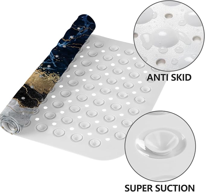 LNOND Marble Bath Tub Mat Non Slip, Extra Long 40 X 16 Inch Anti Slip Mat for Bathtub, Black White Gold Marble Shower Mat with Drain Holes and Suction Cups, Machine Washable