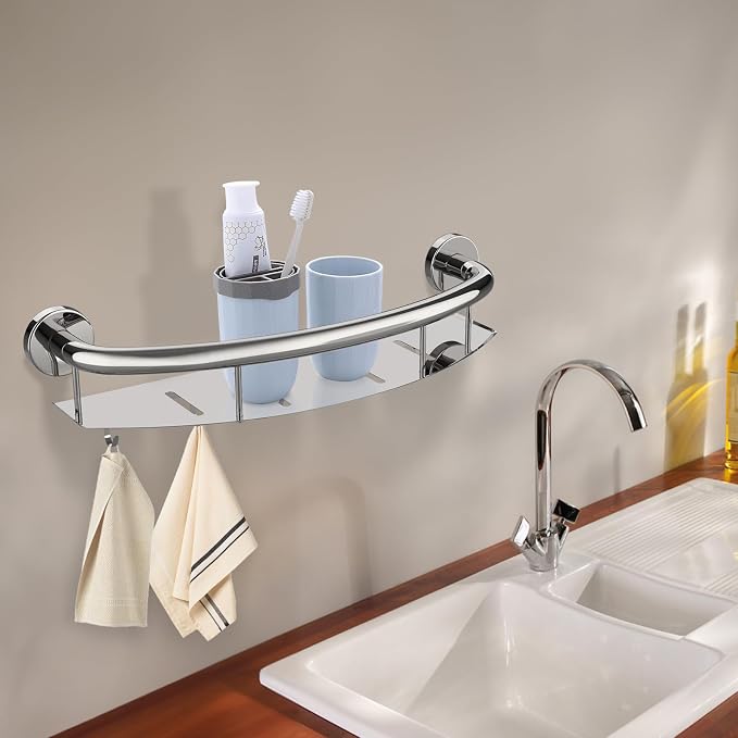 Polished Chrome Shampoo Shelf Grab Bar 18 Inch, Zepolu Stainless Steel 2-in-1 Decorative Grab Bar w/Tray, Bath and Shower Safety Handle, Wall Mounted Handrail Balanced Support Assist Bar for Senior