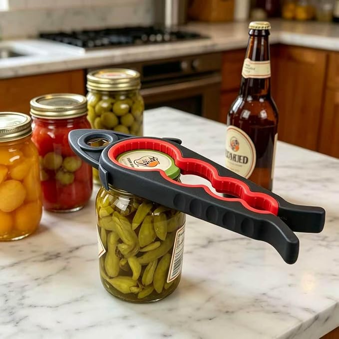 Jar Opener Bottle Opener for Arthritis, 5-in-1 Multifunctional Jar Opener, Easy to Use for Seniors and Weak Hands, Shark Shape Kitchen Gadget for jar, Beer and Bottle (Black and Red)